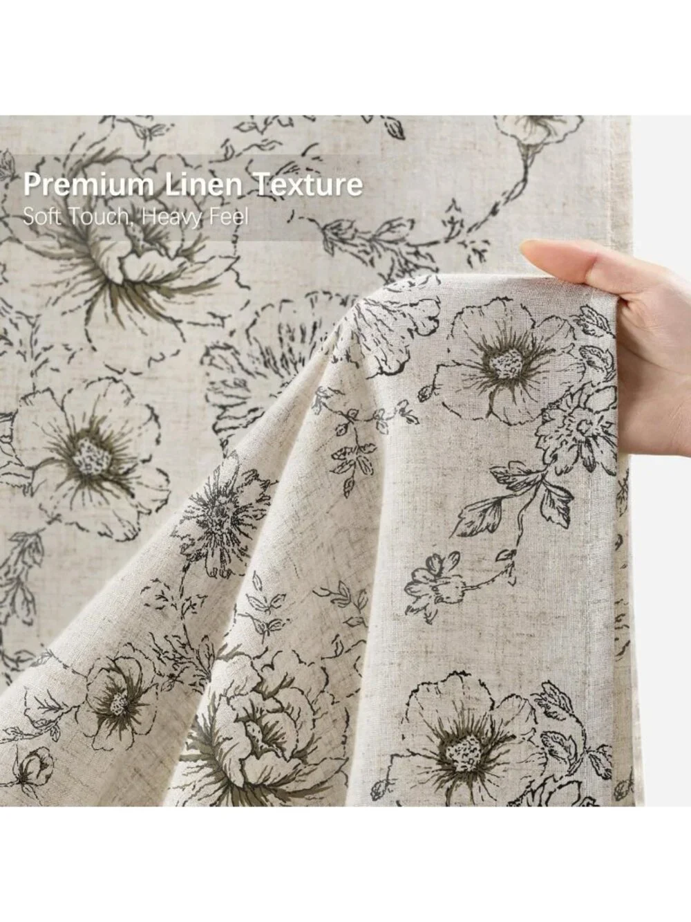 Vintage Floral Farmhouse Shower Curtain, Black Linen Pattern, 72x72, Tan Taupe